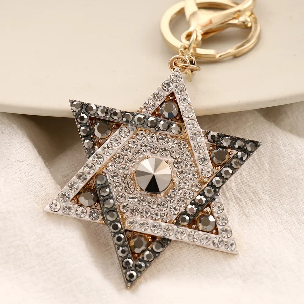 Gray White Edge Five Pointed Star Full of Crystal Keychain Unique Design Rhinestone Anime Symbol Keyrings Jewelry Bag Charms