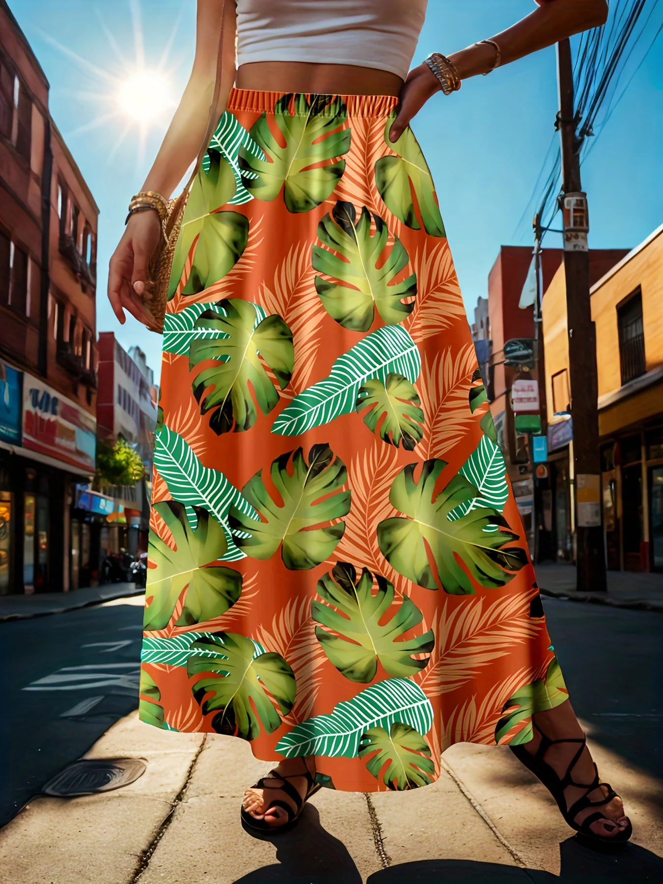 

Женская эластичная пляжная макси-юбка трапециевидной формы с принтом листьев тропической монстеры оранжевого цвета и высокой талией