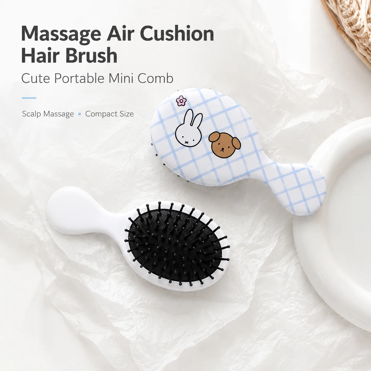 Cute Miffy Rabbit Cartoon Mini Air Cushion Hair Brush Anti‑static Scalp Massage Comb Portable Pocket Hairdressing Comb