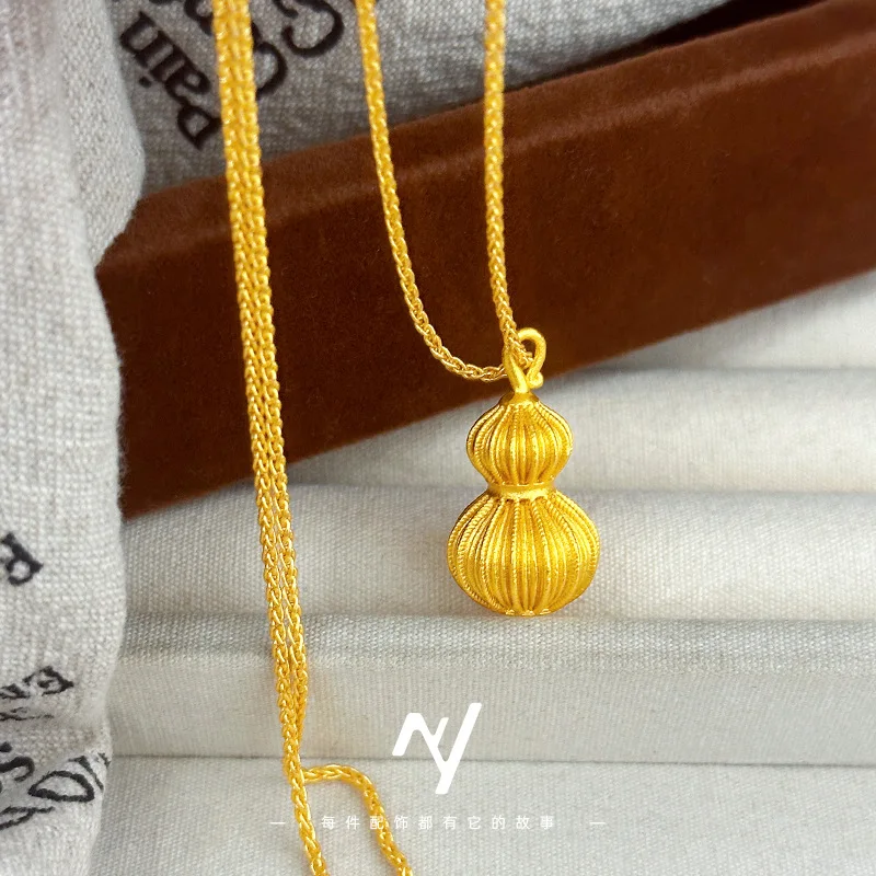 

Luxury 24K 9999 Pure Gold real gold Women's solid gourd necklace pendant clavicle chain