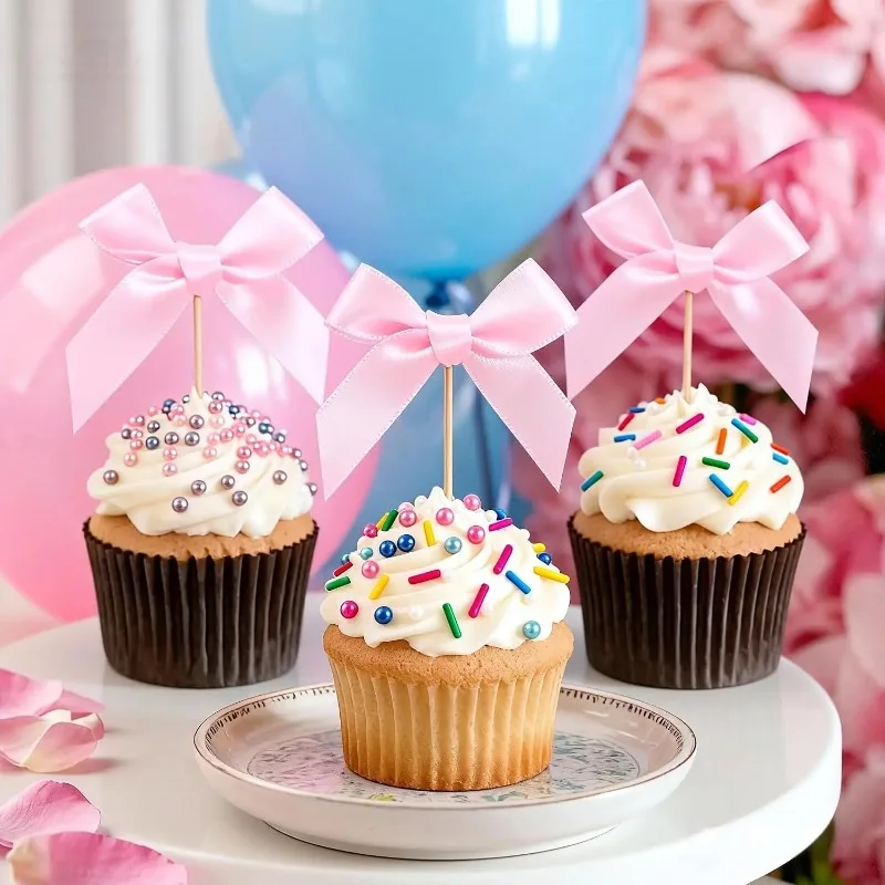 Pink Bow Cupcake Toppers Cocktail Picks Decor Bamboo Toothpicks for Cupcake Fruit Cake Topper Wedding Birthday Party Decoration - view 5