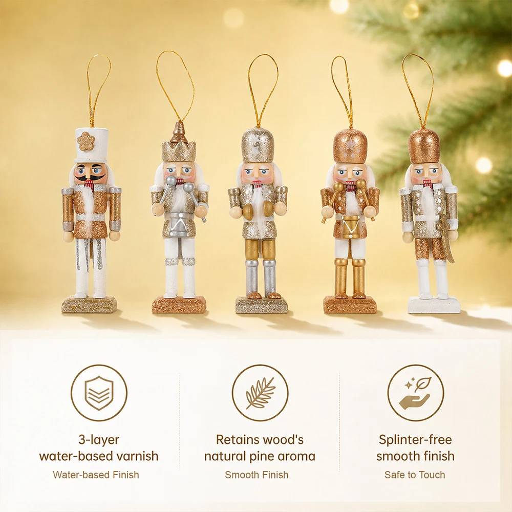 5 Stück 12cm Nussknacker-Puppen aus Holz, Handgefertigte Soldatenfiguren, Tischdekoration, Christbaumanhänger, Weihnachts- und Neujahrsdekoration – Detail 10