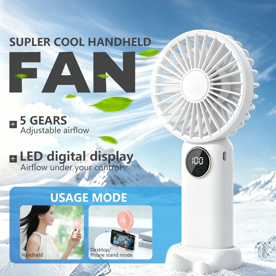 2-in-1 Portable Handheld Fan, 5 Speeds, LED Display, Phone Stand, Desktop & Handheld, Quiet Powerful USB Fan for Travel Office