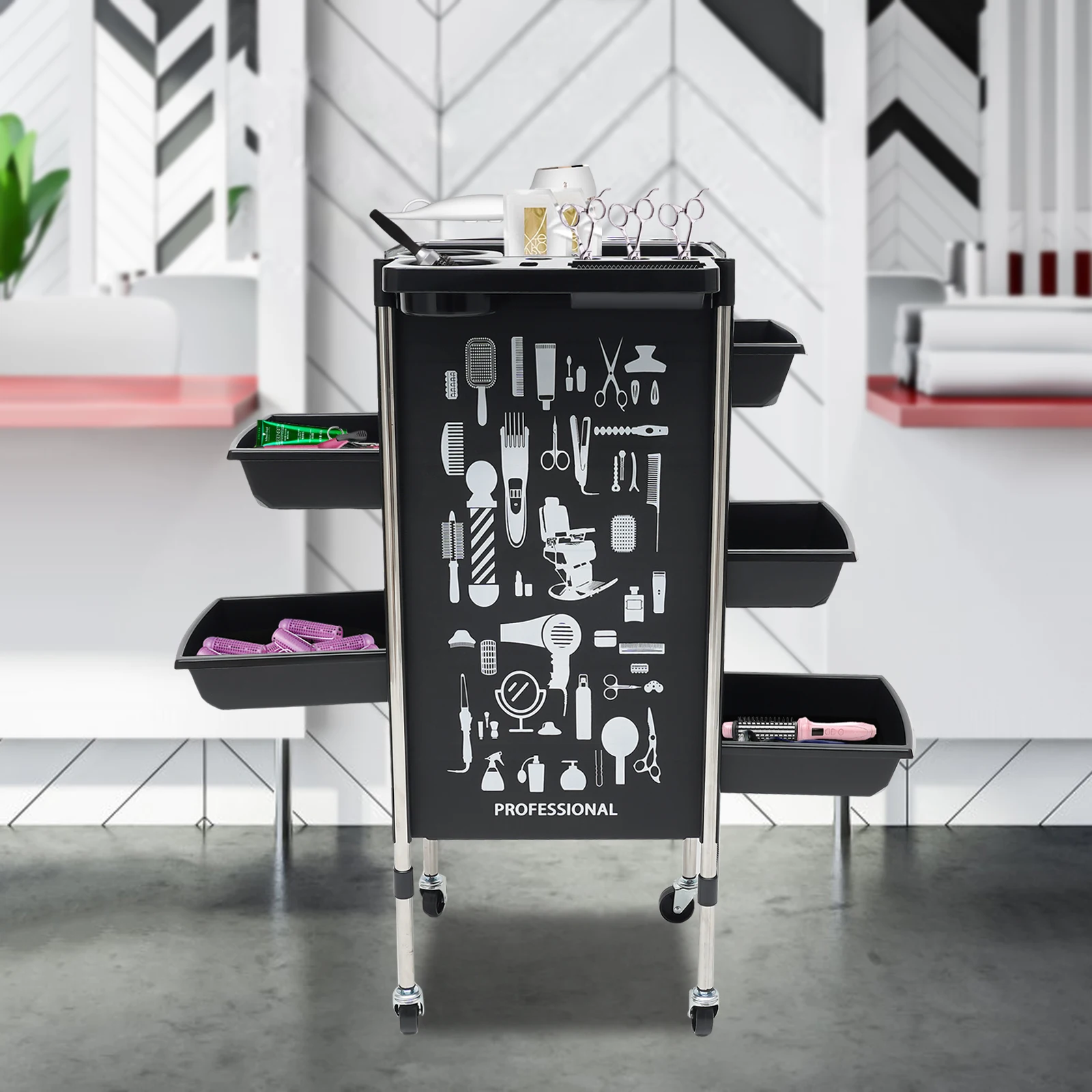 Beauty Salon Trolley Hair Spa Rolling Hairdressing Storage Cart Drawers With 5 drawers BLACK/WHITE/RED