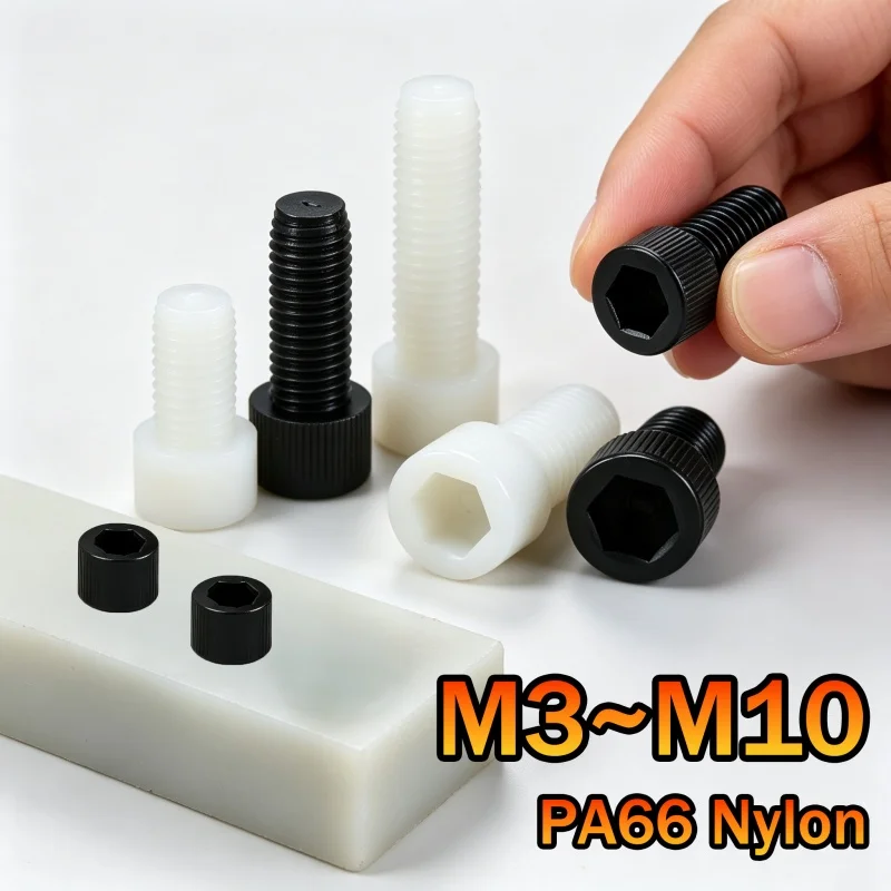 M3 M4 M5 M6 M8 M10 Black/White Nylon Hexagon Hex Socket Head Screw Cup Head Knurled Plastic Bolt DIN912 for Insulation Use
