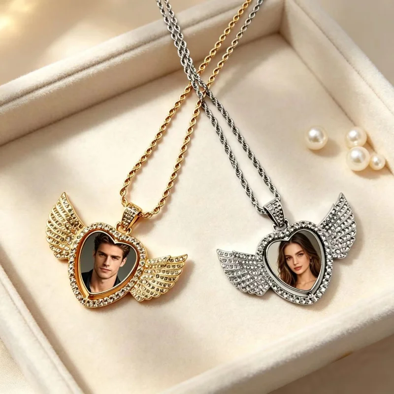 Double-sided printed angel wing heart necklace, personalized customization, rotatable, perfect for gifting or everyday wear