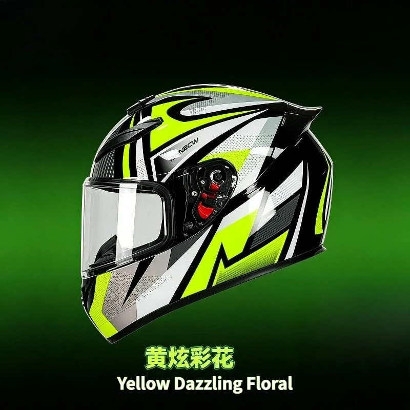 QIKE Full Face Motorcycle Helmet DOT Certified Fluorescent Yellow Racing Graphic Motorbike Windproof Double Visor Sport Bike