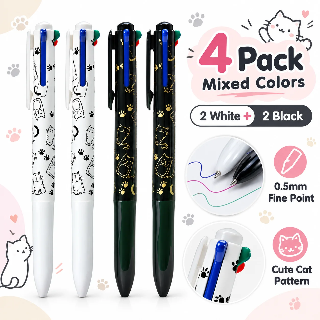 4 pcs Cute Black White Cats 4-color Retractable Ballpoint Pen Multicolor Pens for Journal Planner Diy Stationery Gift