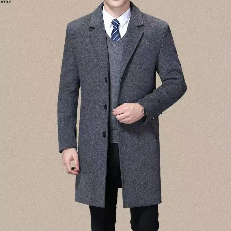 Men's Mid-Length Overcoat Autumn Winter Woolen Suit Collar High-End Brand Cotton 00% Stand Fit Windbreaker Jaet