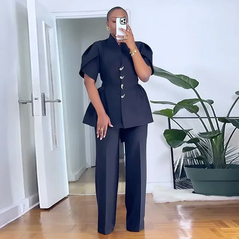 

2026 Spring Female Streetwear Elegant 2 Pieces Pant Set for Woman Solid Color Flower Bud Sleeve Blouse Top+Straight-leg Pants