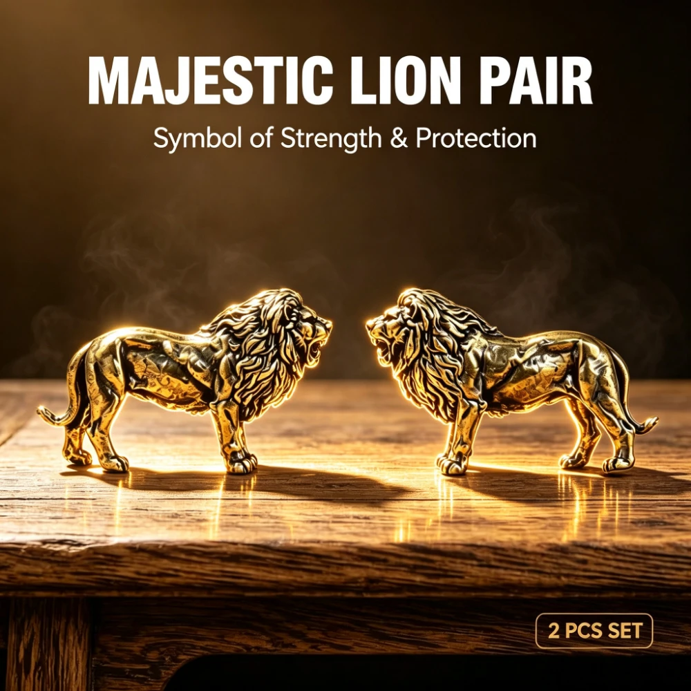 2Pcs Vintage Antique Brass Lion Statues, Facing Pair Art Figurines, Mini Desktop Ornaments for Table, Tea Tray & Entryway Decor