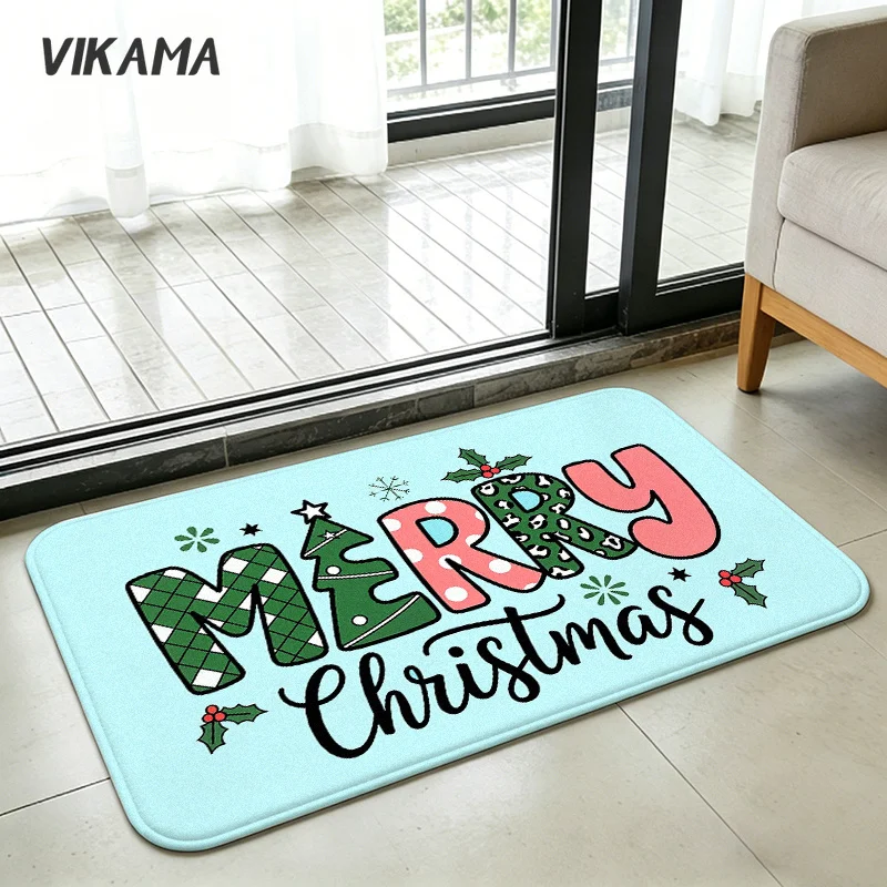 Light Blue Cute Leopard Plaid Letter Print Floor Rug, Super Absorbent Indoor Entrance Mat,Xmas Holiday Home Kitchen Bathroom Rug