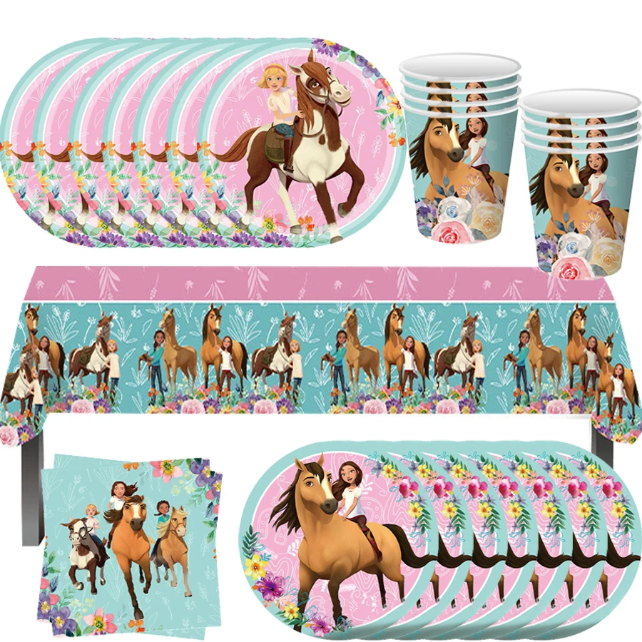 Cartoon Spirit Riding Horse Party Decor Disposable Tableware Paper Plate Cup Cake Topper Kids Girl Happy Birthday Party Supplies