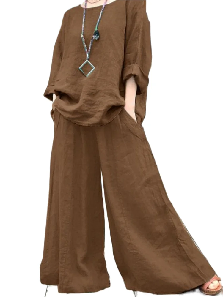 

Casual Vintage Solid Color Pants Sets Women Loose Long Sleeve T Shirt Wide Legs Trousers Two Piece Set Female Spring Autumn New