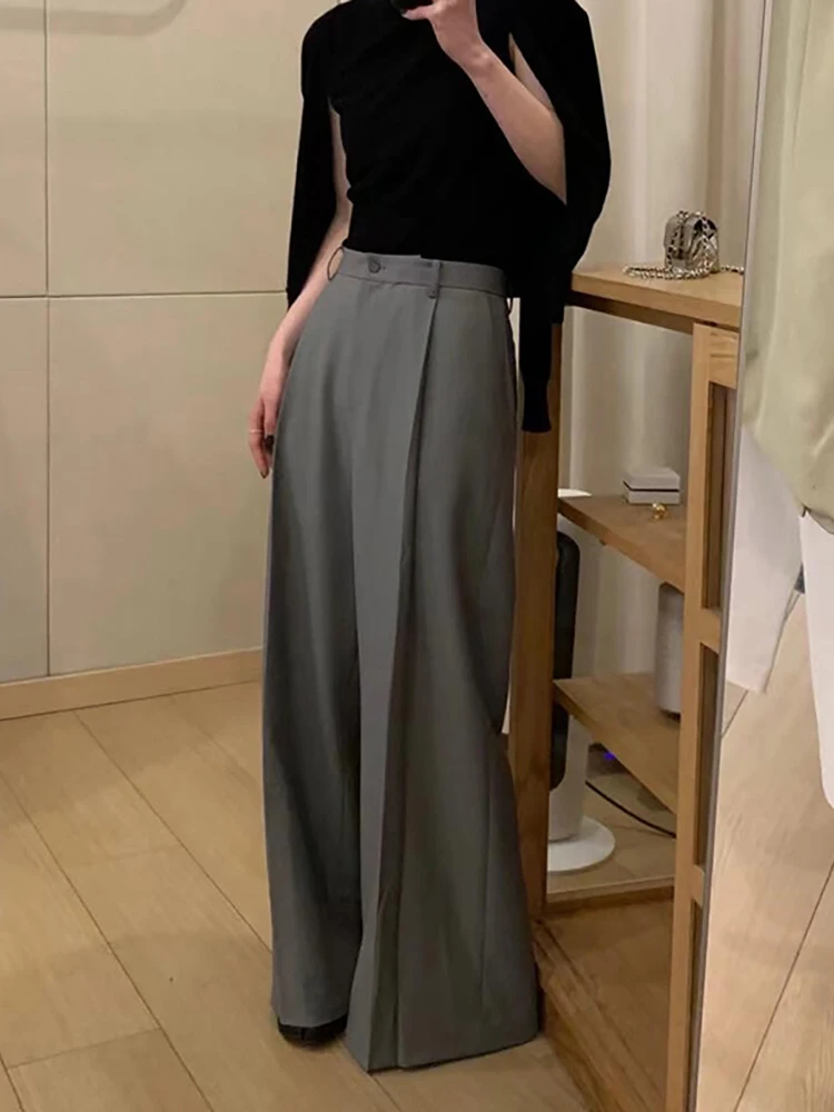 PBAP عادية الصلبة رمادي البدلة السراويل النساء جيوب مطوي الجبهة فضفاضة رايات عالية الخصر واسعة بنطلون الأعمال مكتب سيدة الملابس #3