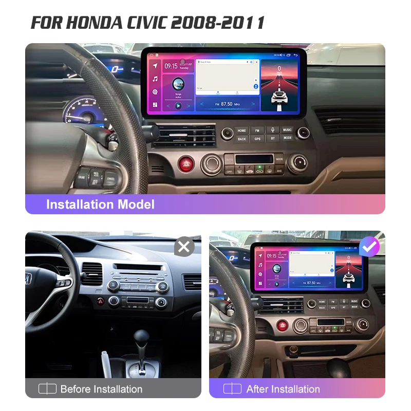 Latest 12.3 Inch Car Radio For Honda CIVIC 2008-2011 Navigation WiFi/4G GPS Android 12 Carplay With Harness Kit Auto Multimedia