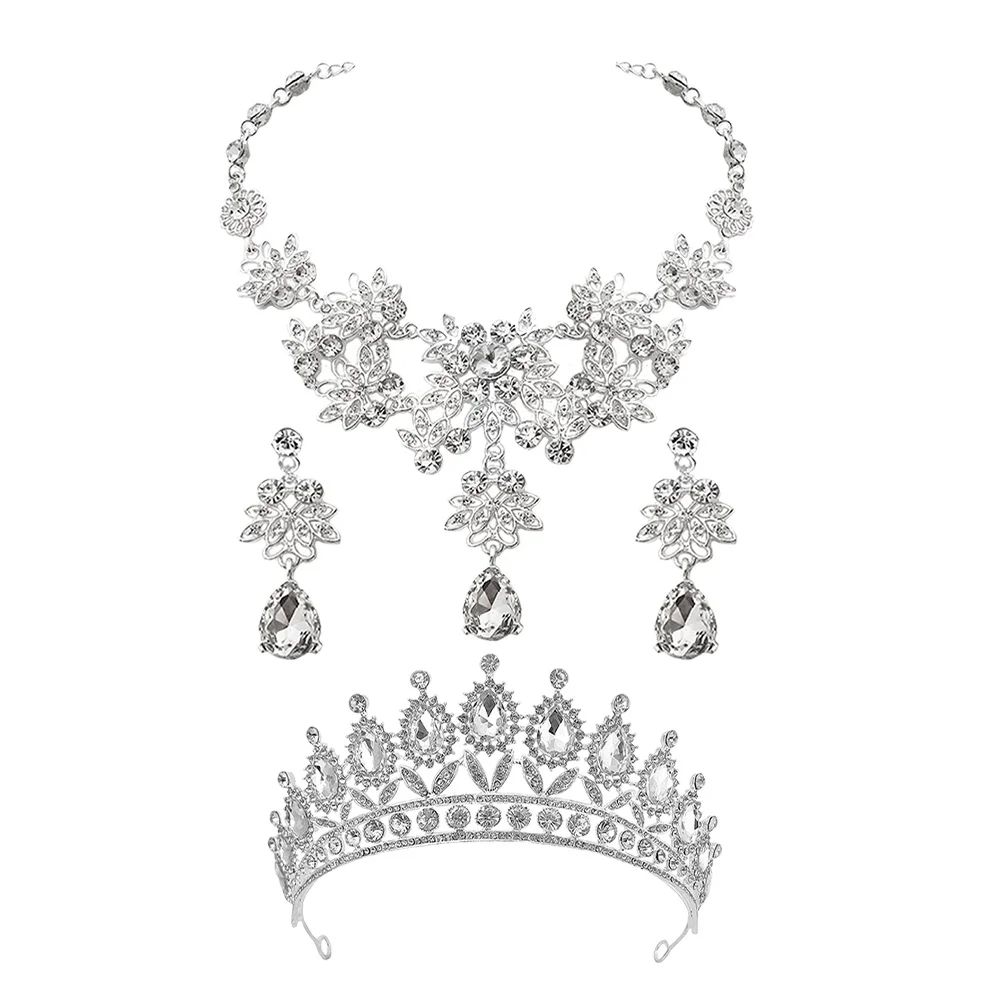 

1 Set Women Crown Headband Rhinestone Necklace Earrings Wedding Party Jewelry Set Bride Dangle Earrings Rhinestone Jewelry Gift
