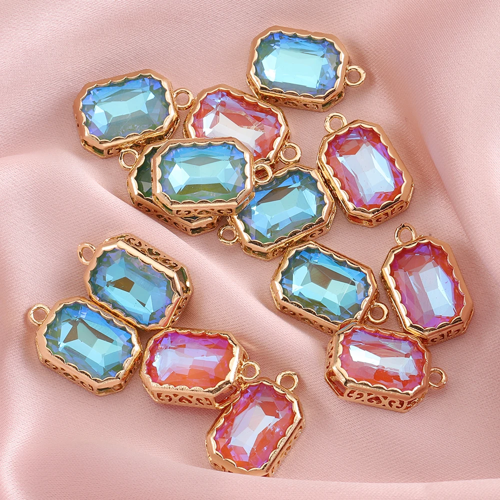 5pcs Crystal Charms Wishing Stone Pink Blue Candy Color Square Pendants for Necklace Earrings Jewelry Making DIY Accessories