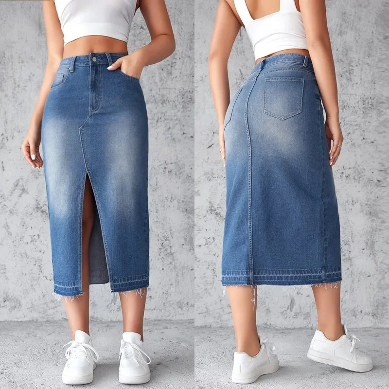 

Skirts Women A Line Mid Length Skirt Slim Fit Sexy Solid High Waist Elegant Splice Denim Hip Wrap Button Pocket Summer 2024