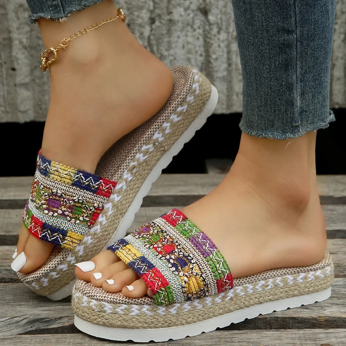 

Weave Women's Slippers Platform Summer Shoes for Women New Beach Casual Heeled Sandals Bohemian Handmade Ladies Espadrilles 202