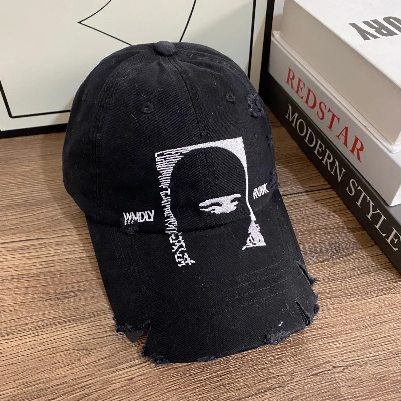 Minimalist Abstract Face Print Distressed Dad Hat Frayed Ripped Washed Cotton Multi Tone Retro Baseball Cap for Women Men