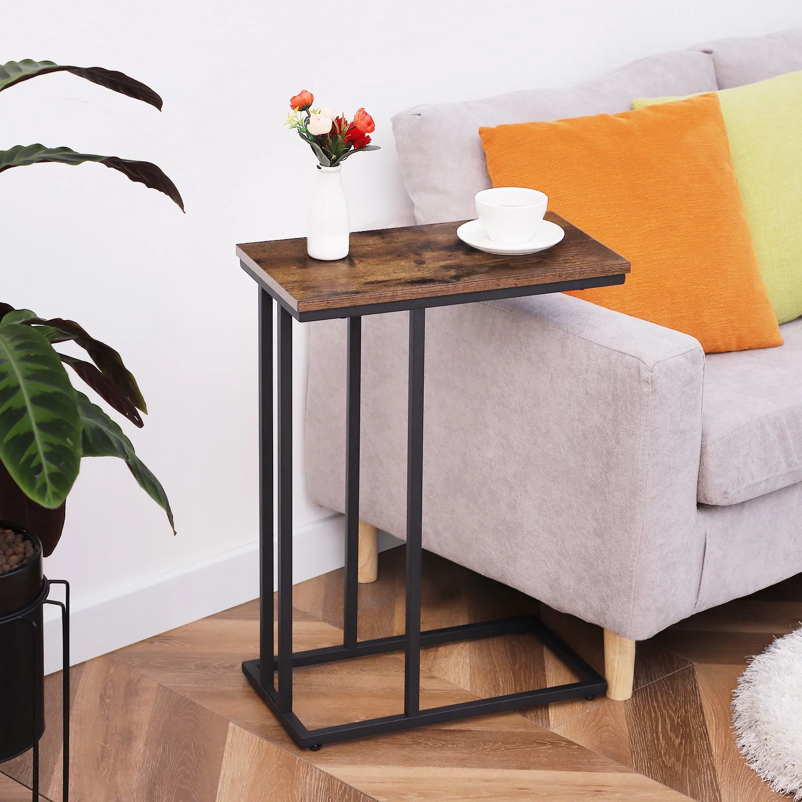 HOOBRO Sofa Side Table Snack Table Heavy-Duty C Shape Sofa End Table  with Adjustable Feet For Living Room Bedroom Space Saving