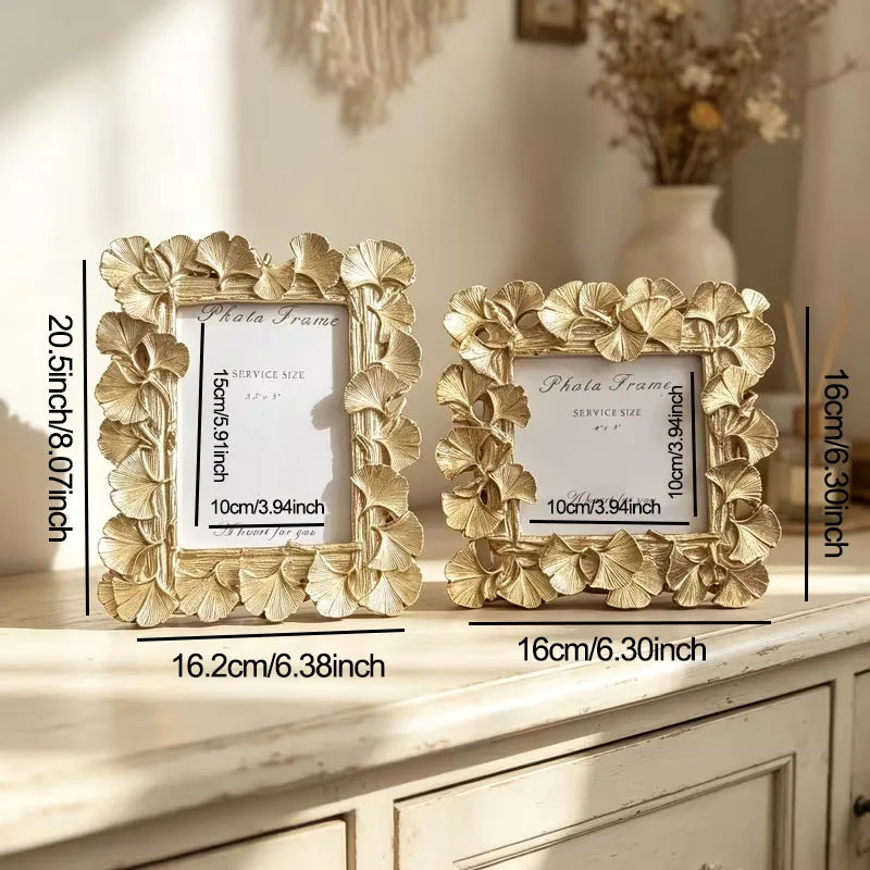 Ginkgo Leaf Three-Dimensional Relief Frame with Gold Border, Resin Frame, Photo Display Stand, Decorative Picture Frame
