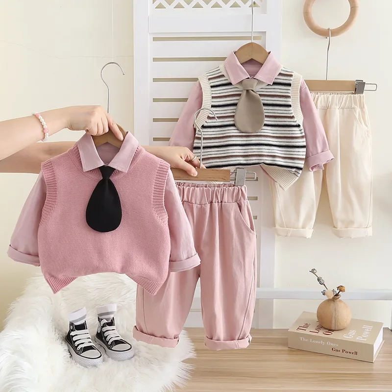 2026 Fall Kids Knitted Vest Set Boys 3-Piece Outfit Trendy Casual Wear Long Sleeve Shirt with Pants Korean Style Toddler Clothes