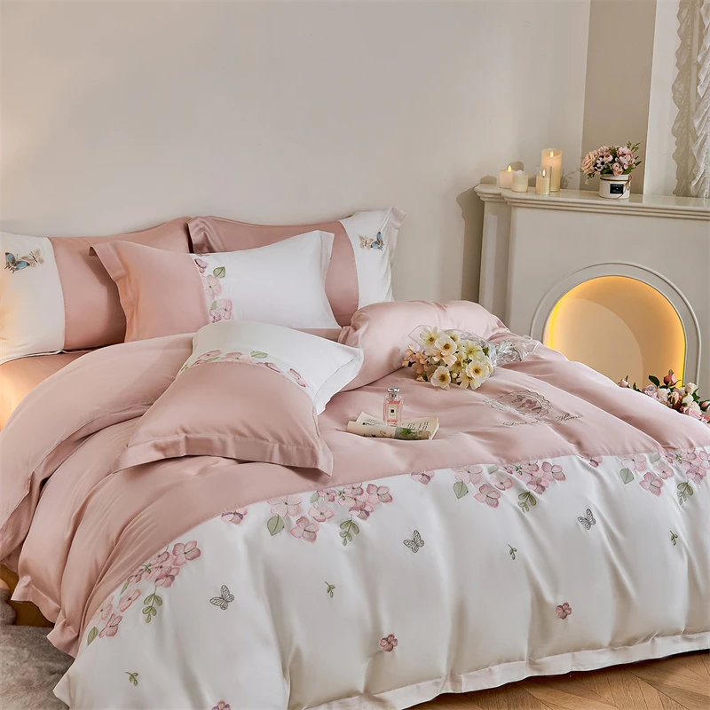 Flowers Butterfly Embroidery Luxury Bedding Set Queen King Size Lyocell Cotton Duvet Cover Flat/Fitted Bed Sheet Pillowcase 4Pcs