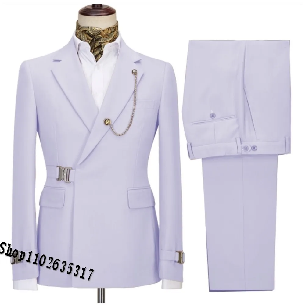 Light Violet Men's Suits Notch Lapel With Buckle Blazer Formal Wedding Groom Prom Dress Tailored Casual Outfits Jacket+Pants