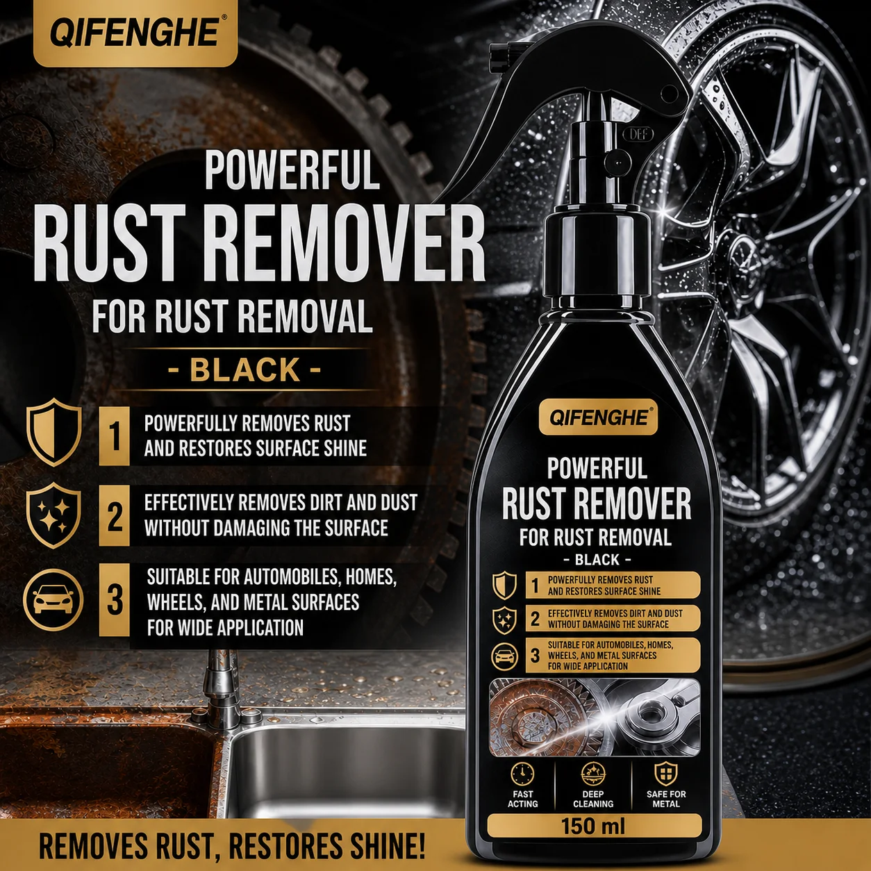 QIFENGHE 150ml Powerful Rust Remover Spray Black Multi-purpose Metal Rust Cleaner for Car Wheels Gears Restore Shine