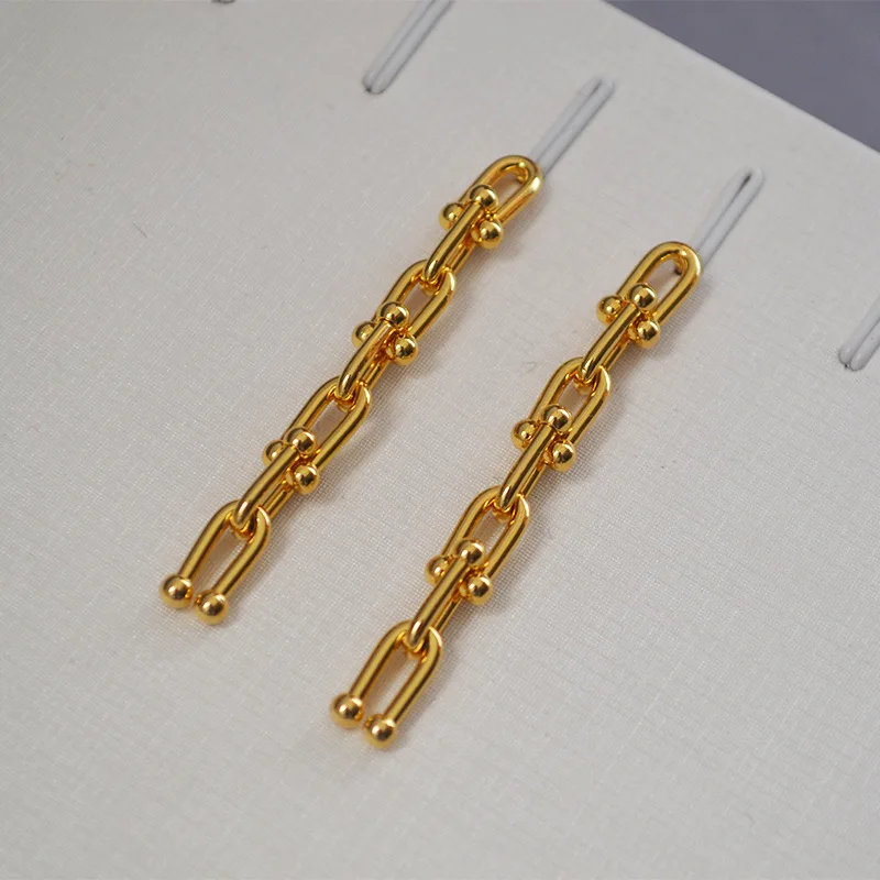 Original Exquisite Brass Gold-Plated Chain Pull Style 925 Silver Needle Ear Studs