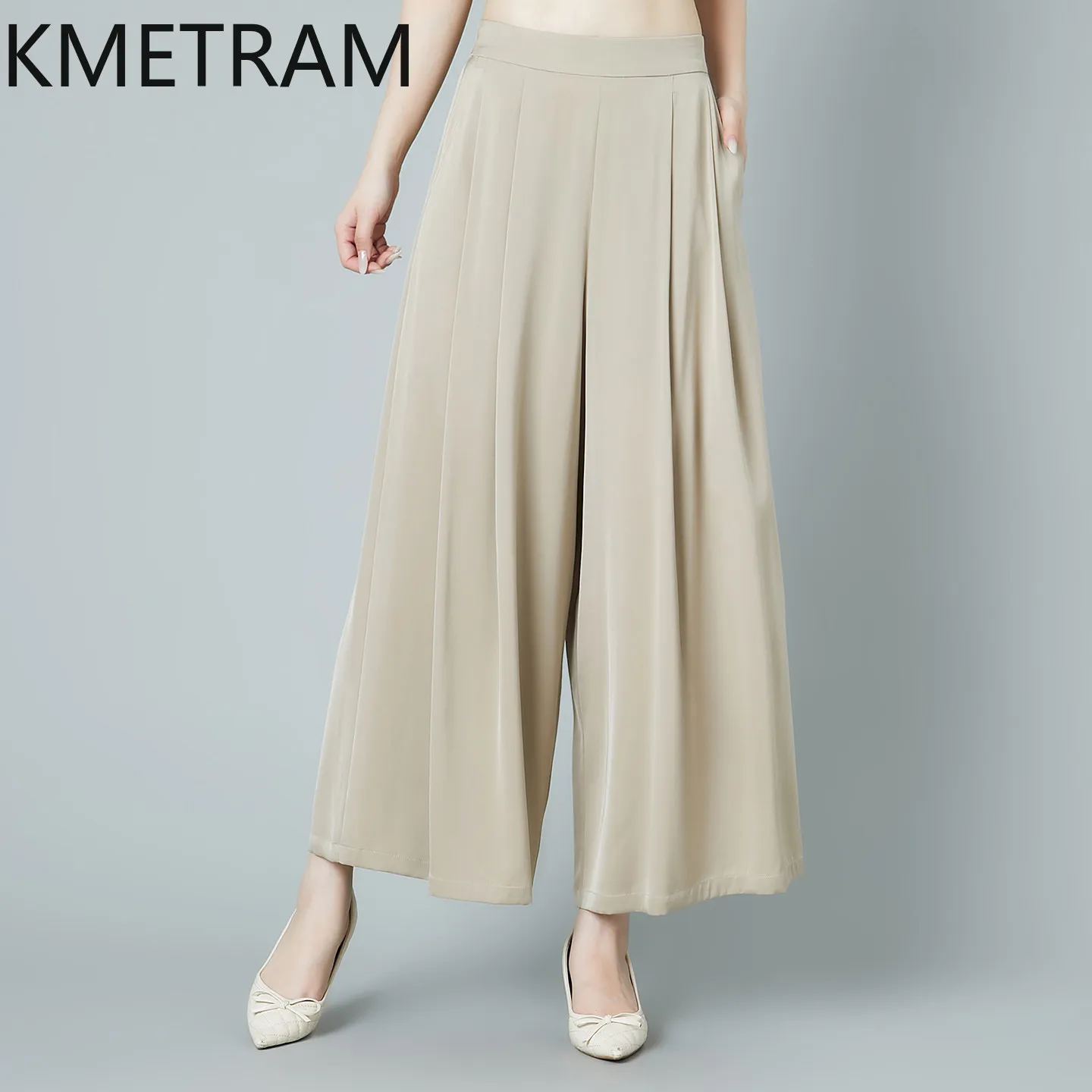 KMETRAM 90% Real Mulberry Silk Women Pants 2026 Summer High-end Plus Size Casual Wide Leg Pants Female Clothing Pantalones Mujer