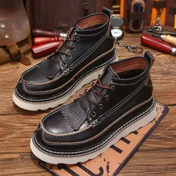 New Fashion Genuine Leather Motorcycle Boots Vintage Men Casual Leather Shoes Handmade Dress Ankle Boots Lace up Non-slip
