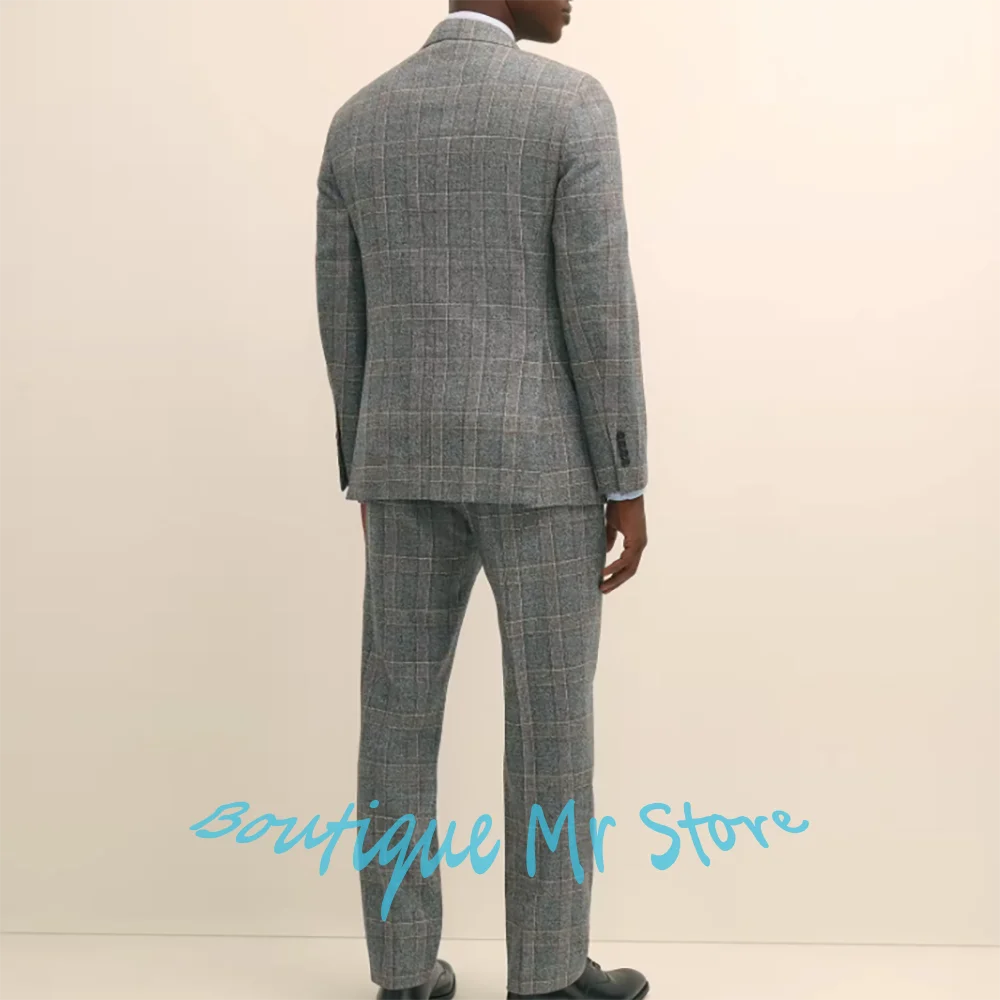 Formal Men's Grey Plaid Suit Classic Checked 2Piece Set Single Breasted Notch Lapel Jacket Elegant Business Wedding Costume