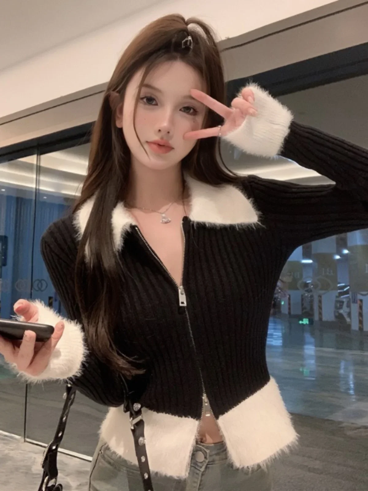 Women Black Cardigan Knitted Sweater Harajuku Korean Y2k 90s Aesthetic Vintage Long Sleeve Sweaters with Collar 2000s Clothes