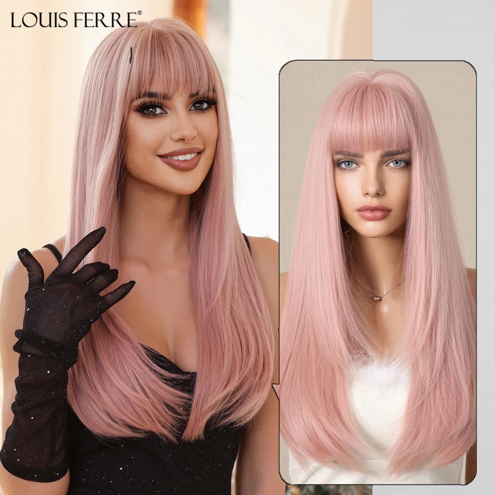 LOUIS FERRE Long Straight Pink Synthetic Hair Wigs for Women With Bangs Natural Pink Hair for Daily Use Cosplay Heat Resistant