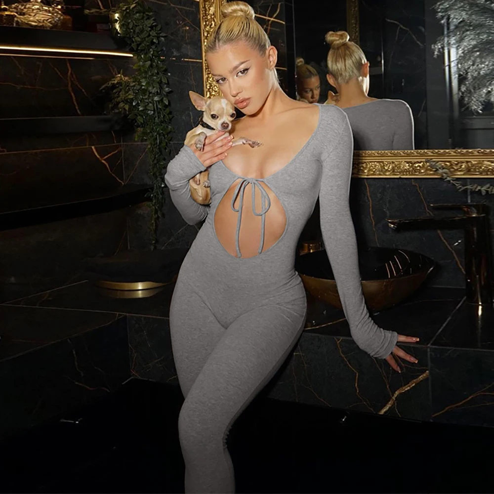 

Long Sleeve Chest Cut Out Jumpsuits Sexy Chest Lace Up Fashion Casual Skinny Fitness Leggings Autumn 2023 New Women Clothes