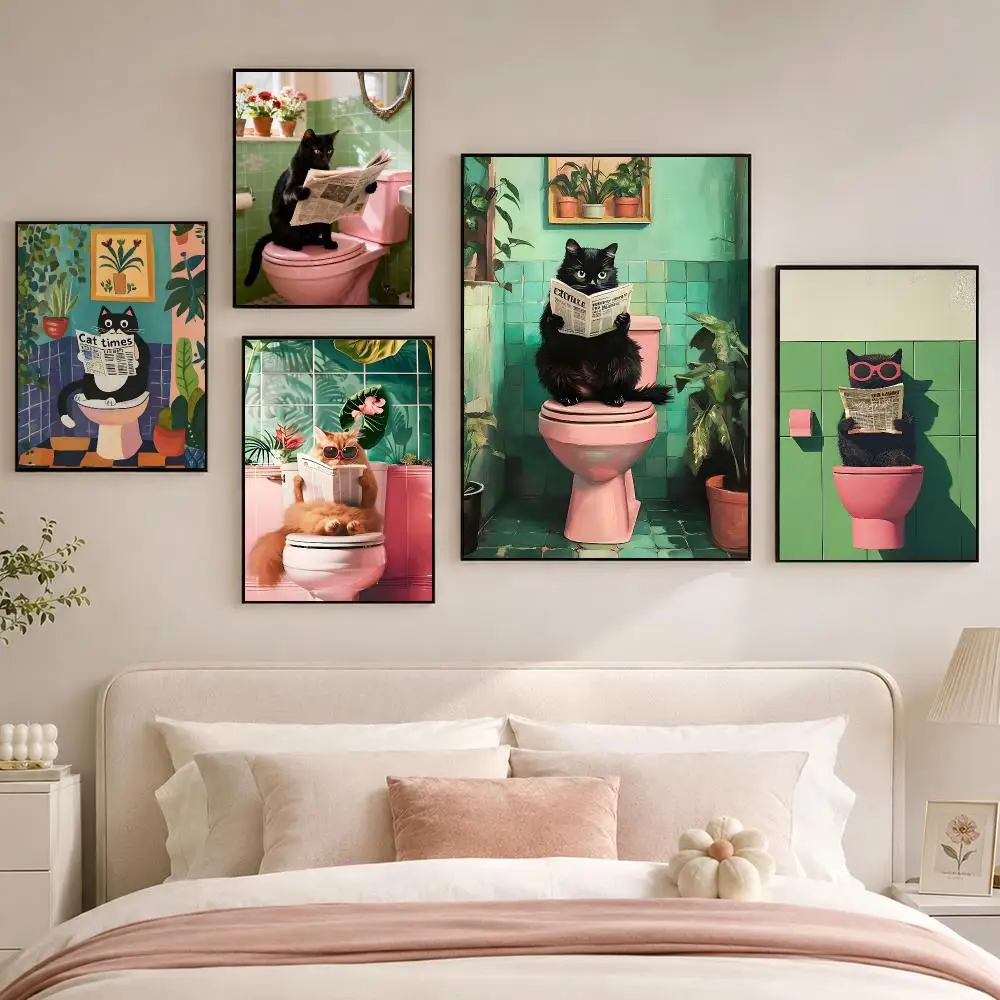 Bathroom Cat Reading on Toilet Poster Room decoration, home wall art printing, waterproof bedroom poster, gift