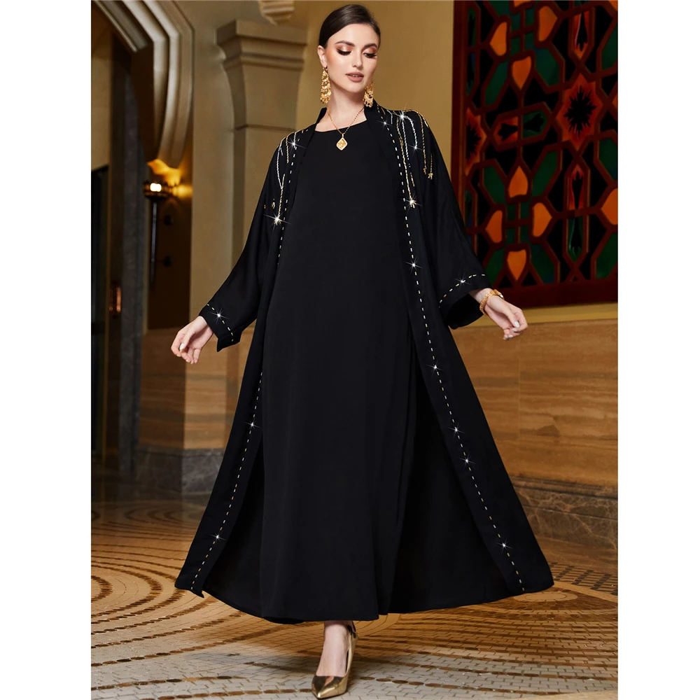 Dubai Open Abaya Luxury Diamonds Women Muslim Cardigan Maxi Dress Kimono Kaftan Robe Gown Jalabiya Caftan Moroccan Evening Party