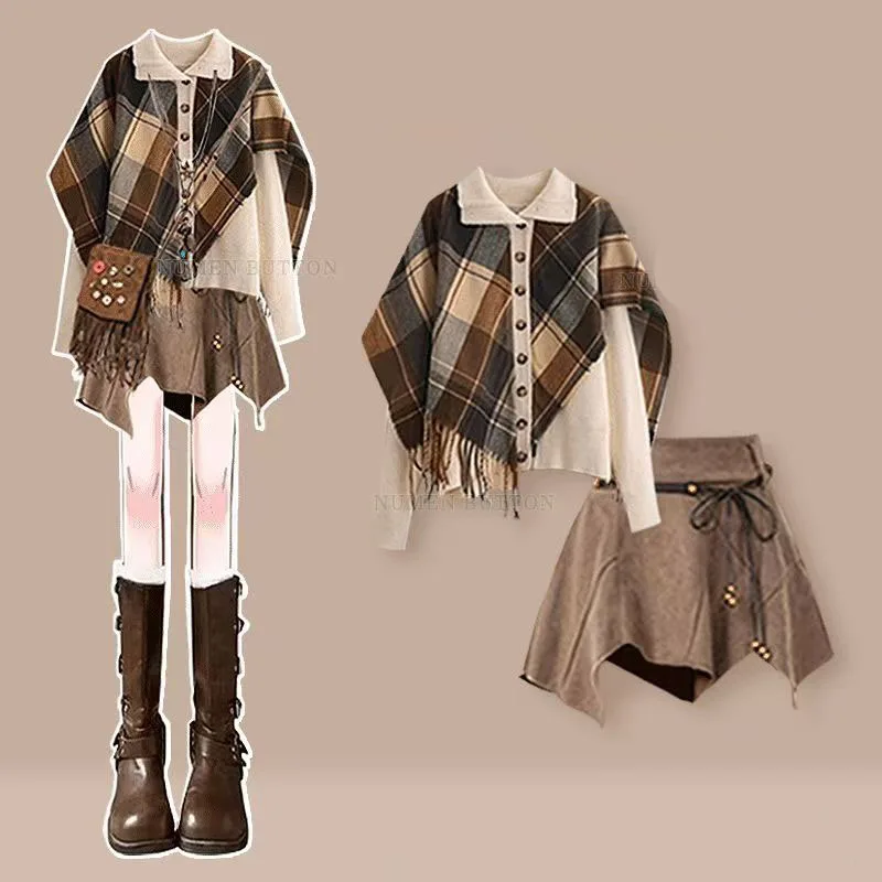 

Autumn Vintage Set, Women's Fake Two-piece Knitted Sweater Paired with Irregular Slimming Short Skirt Two-piece Set Y2k Clothes