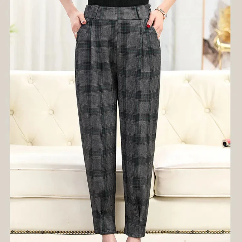 New Spring and Autumn Women\'s Style High Waist Elastic Loose Plaid Classic Harem Pants Fashion Casual Comfortable Trousers