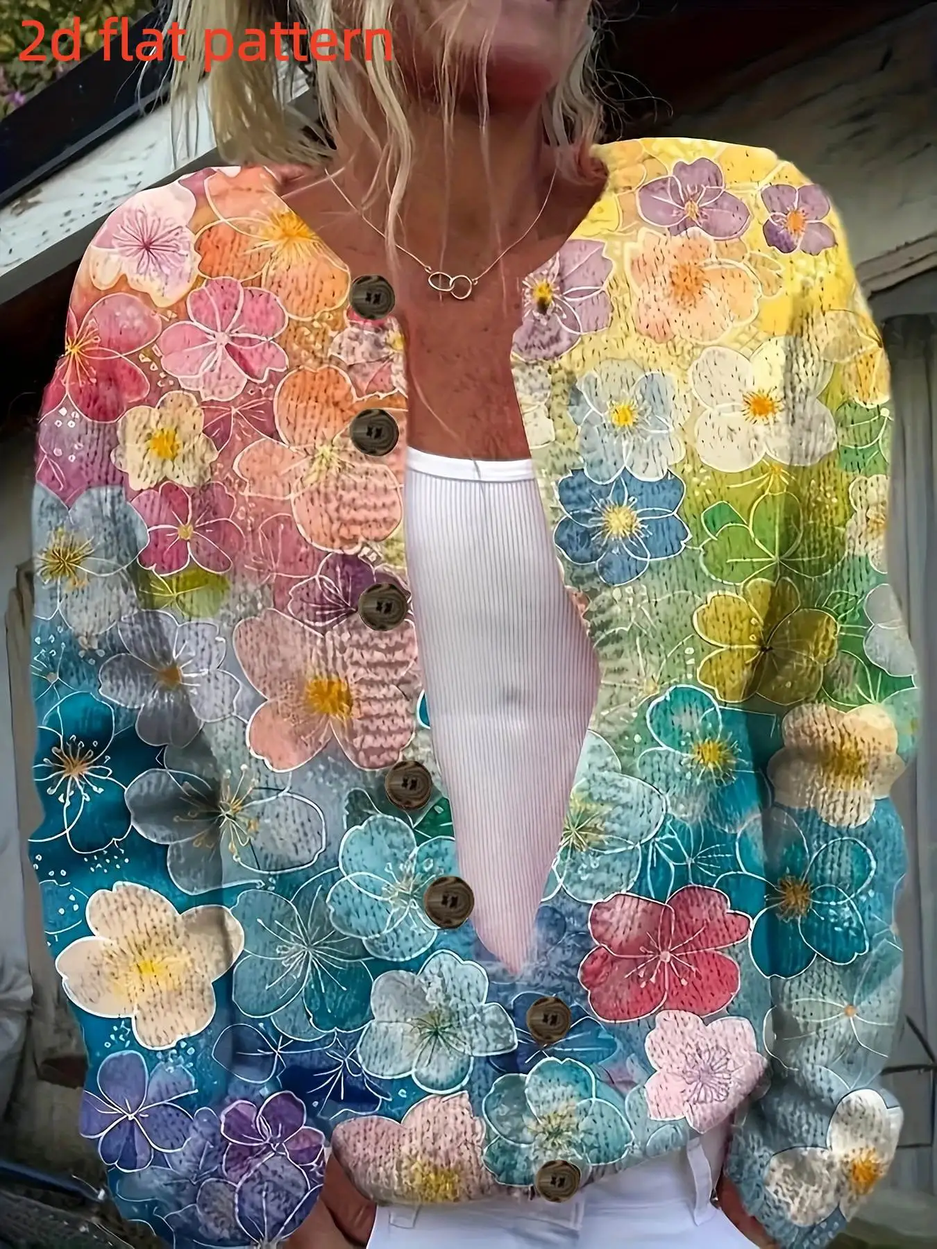 Nouvelle collection printemps : Cardigan col rond pour femme avec motif floral imprimé numériquement – Veste légère tendance pour femme