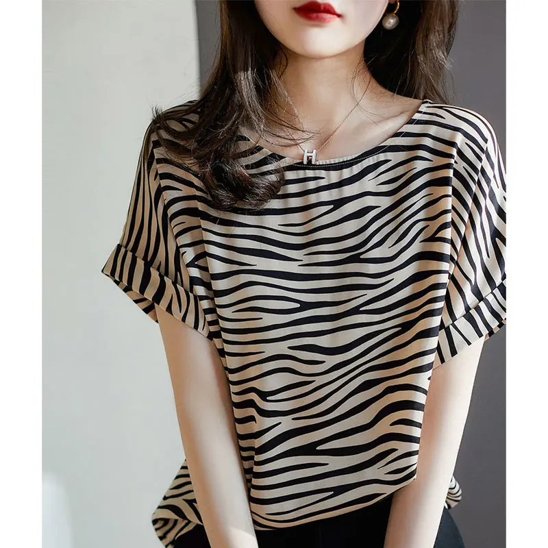 Women\'s Striped Short Sleeve T-Shirt, Elegant Loose Tops, Casual, Simplicity, Office Lady, Fashion Clothes, Summer, New