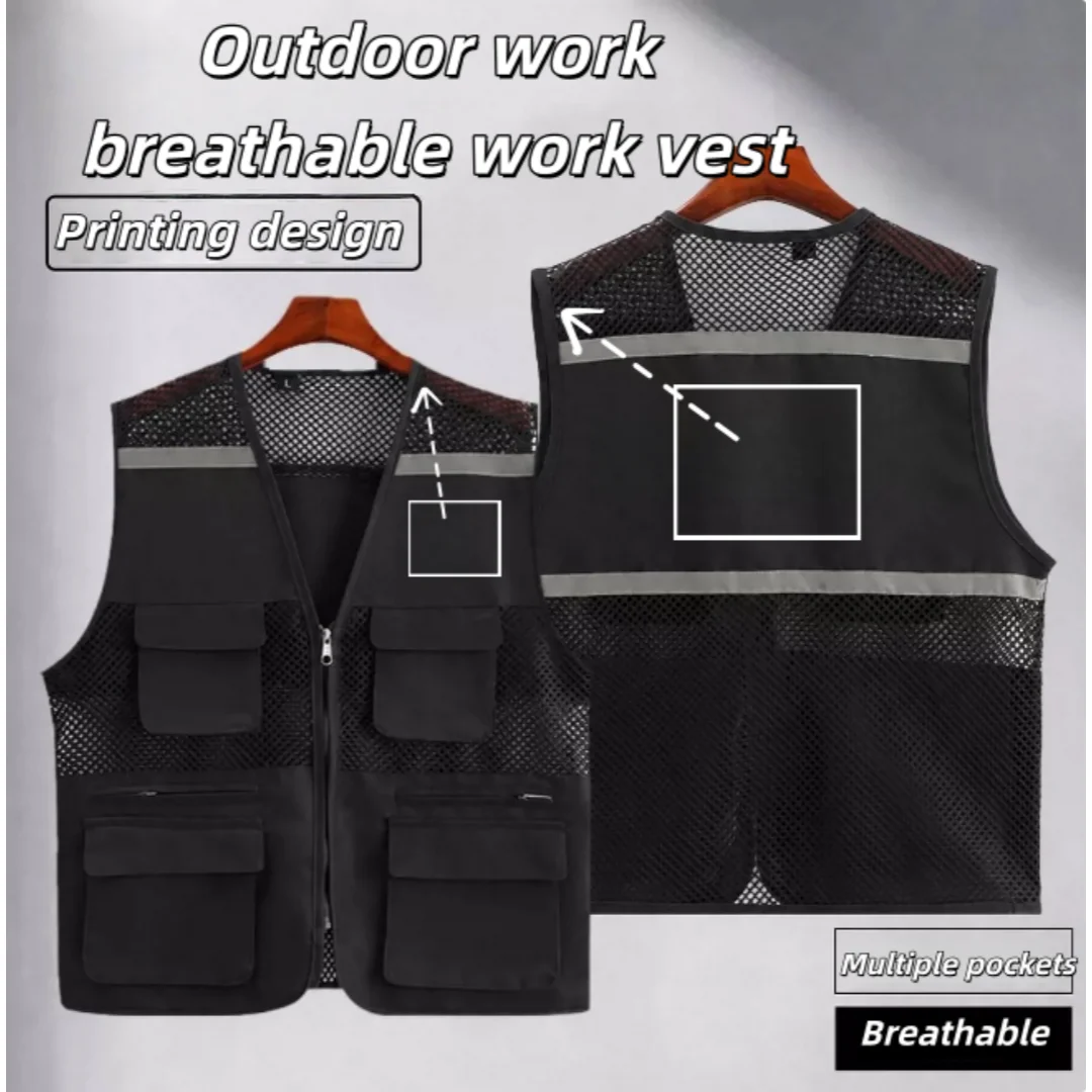 6XL Plus Size 2026 New Multi-Pocket Mesh Breathable Vest, Suitable for Fishing, Courier Logistics, Outdoor Work Printing Logo