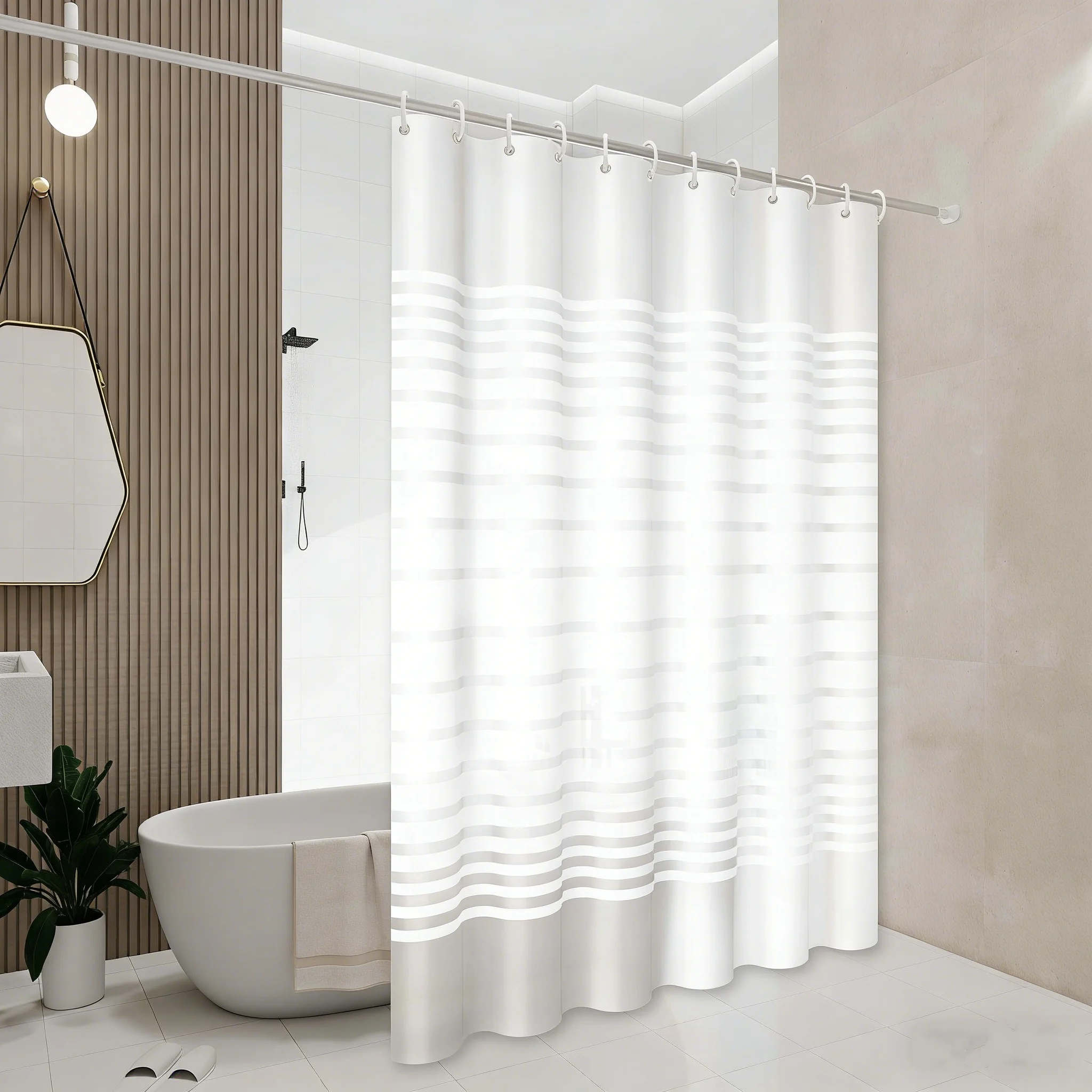 White Striped Shower Curtain with Horizontal Line Design, Simple and Refreshing Style, Shower Partition Curtain