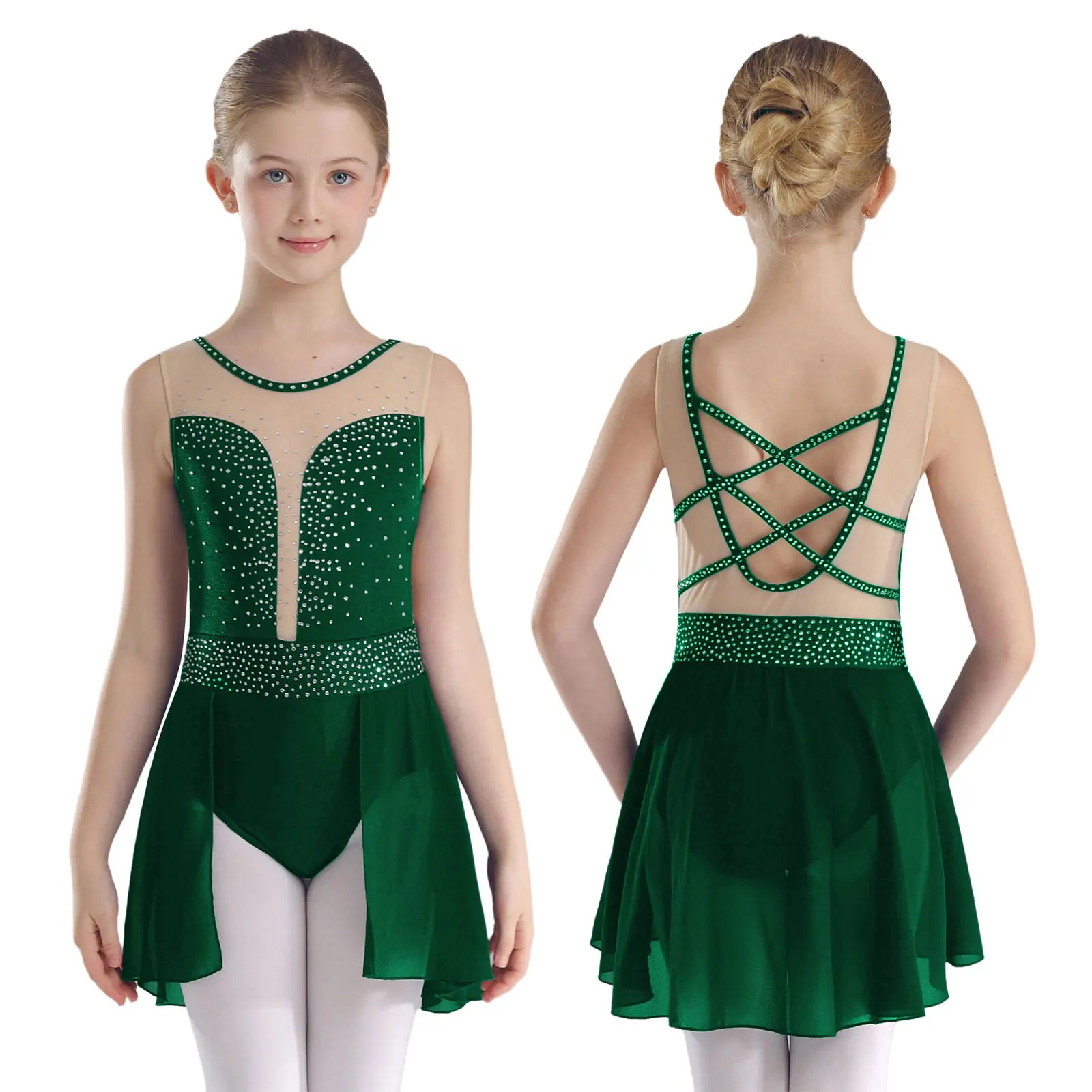 Girls Lyrical Ballet Dance Dress Performance Competition Costume Sparkly Rhinestones Crisscross U Back Skirted Leotard Dancewear