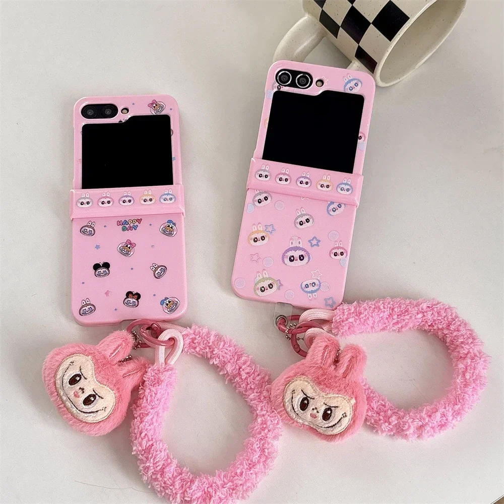 

Cute The Monsters Labubu With Lanyard Phone Case for Samsung Galaxy Z Flip 3 4 5 6 5G PC Hard Anti-drop Pink Candy Shells Funda