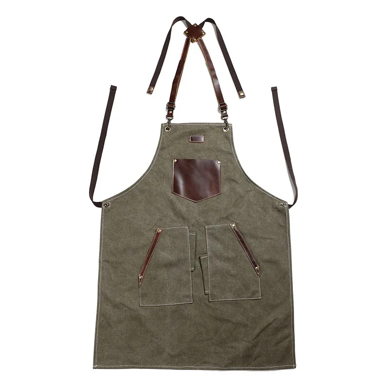 Thick Canvas Apron Leather Pocket For Tools Carpentry Gardening Work Multifunctional Outdoor Barbecue Cleaning Uniform Apron