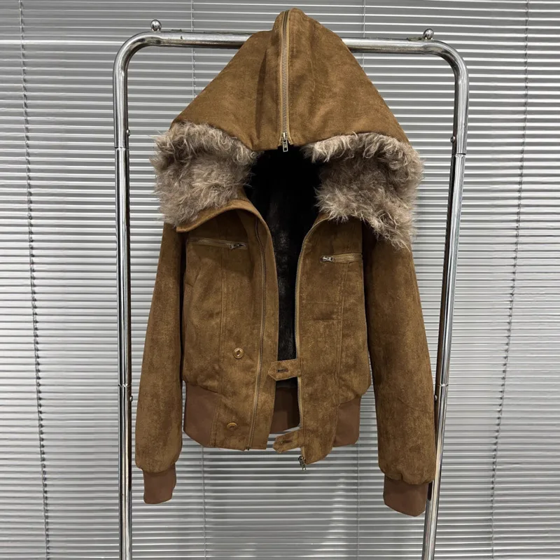 HKSH Jesień Zima Nowa Damska Ciepła Kurtka z Kapturem, Kołnierzem ze Sztucznego Futra, Zapinana na Zamek, Modna, Uniwersalna, Retro, Elegancka, Szykowna, Gruba Kurtka HK17027